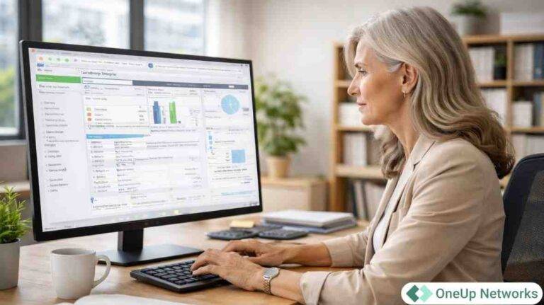Mature accountant working on desktop computer in a modern office with OneUp Networks logo displayed