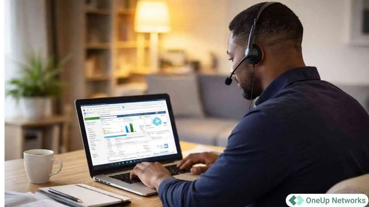 Accountant working on QuickBooks Enterprise in a modern office with OneUp Networks logo displayed