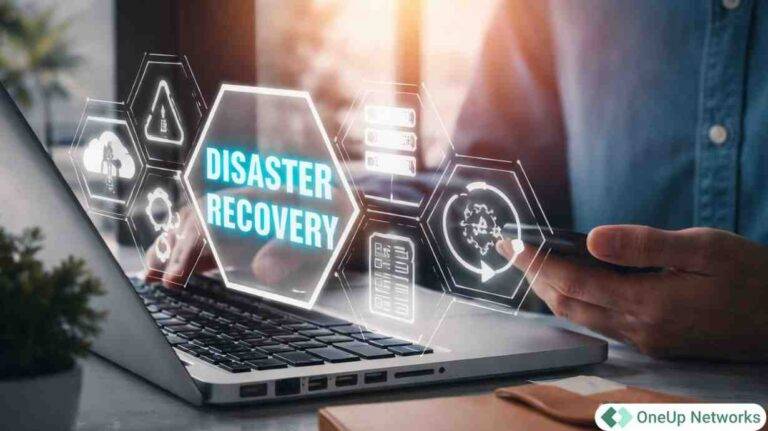 Disaster recovery concept displayed on laptop with cloud backup icons and OneUp Networks logo in a modern office