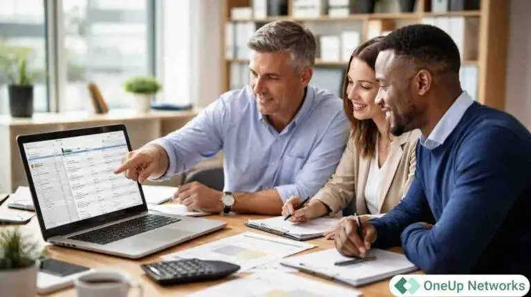 CPA team reviewing billing data on a laptop in a modern office with OneUp Networks logo displayed