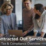 Business professionals discussing contracted out services and tax compliance in a modern office setting