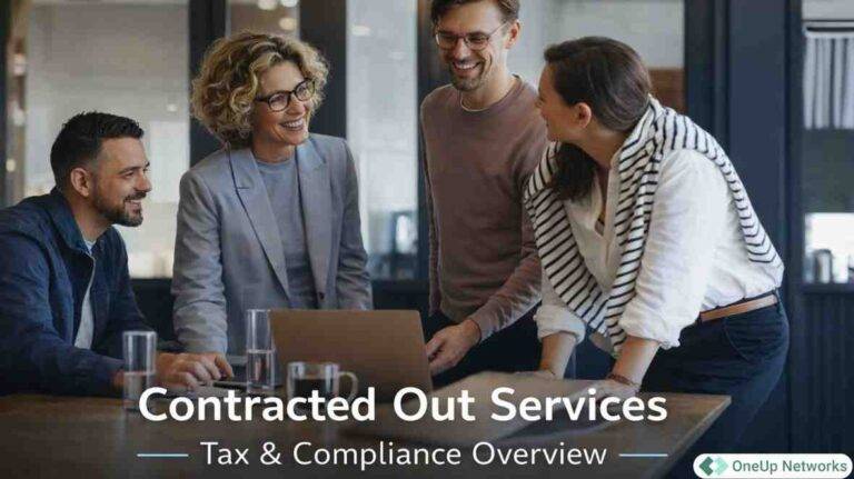 Business professionals discussing contracted out services and tax compliance in a modern office setting