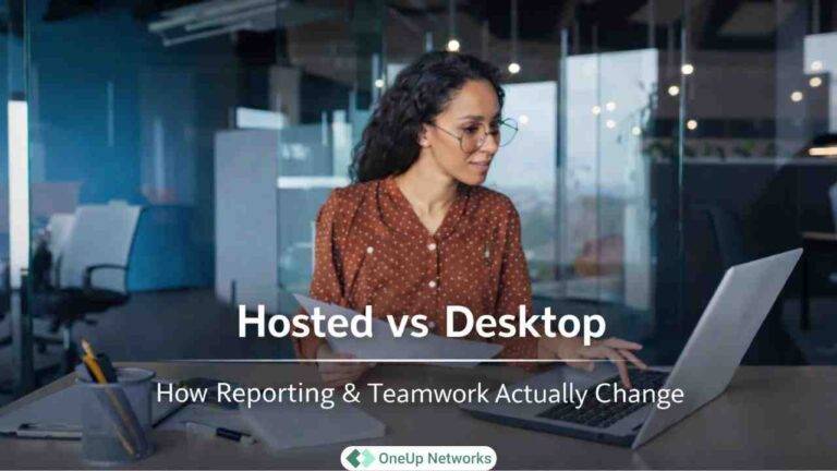 Professional woman reviewing documents on a laptop with Hosted vs Desktop and reporting teamwork comparison text overlay in a modern office