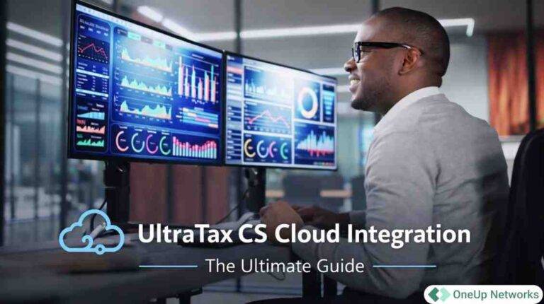 Professional working on dual monitors with UltraTax CS Cloud Integration title overlay in a modern office environment