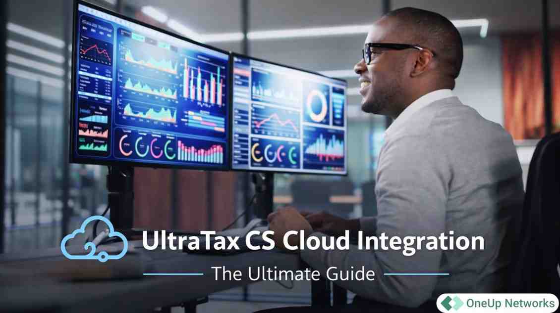 Professional working on dual monitors with UltraTax CS Cloud Integration title overlay in a modern office environment