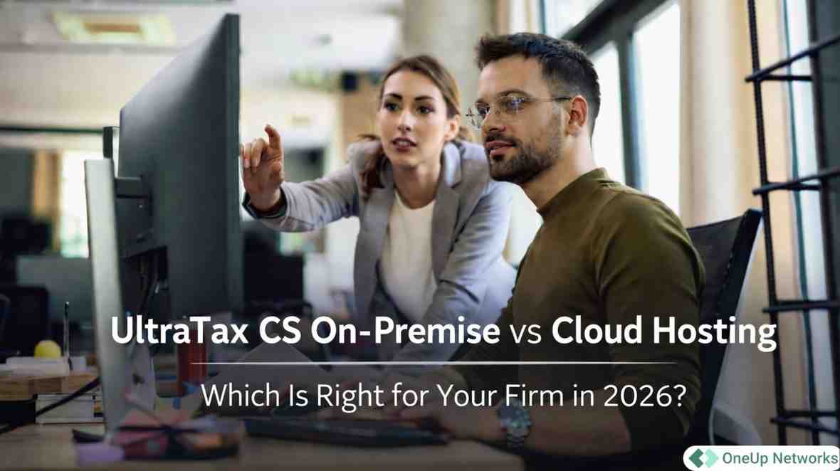 Two accounting professionals reviewing data on desktop monitor representing UltraTax CS on-premise vs cloud hosting comparison