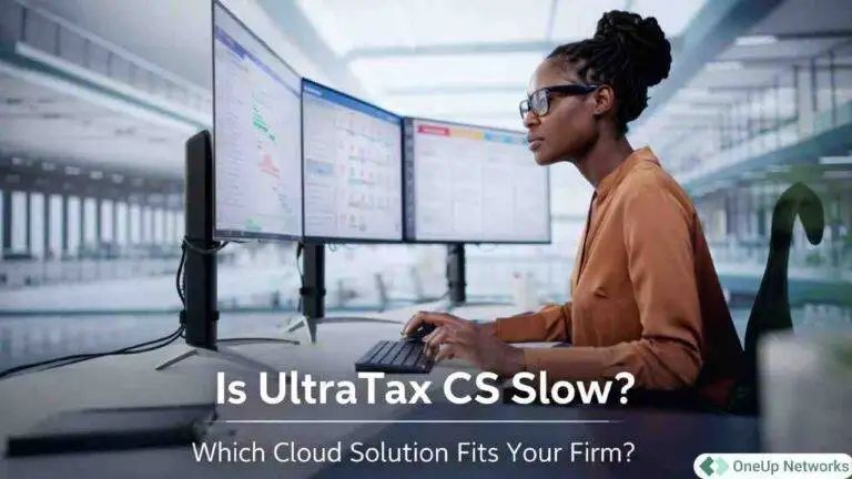 Professional working on dual monitors with Is UltraTax CS Slow and cloud hosting performance title overlay in modern office