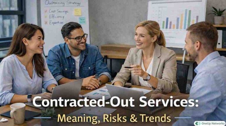 Contracted-out services business team discussing outsourcing strategy with charts and laptops in a modern office