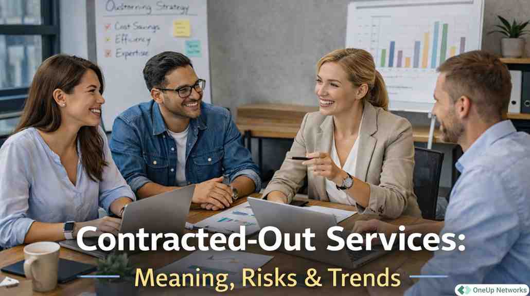 Contracted-out services business team discussing outsourcing strategy with charts and laptops in a modern office