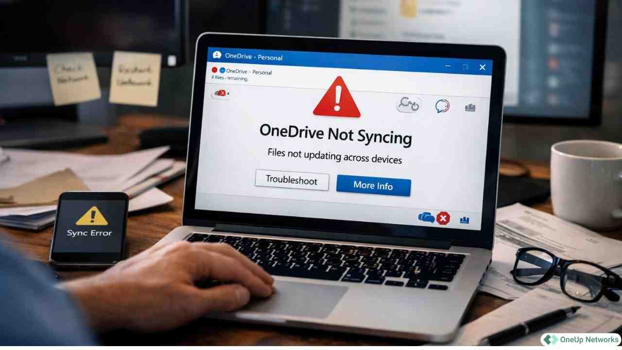 OneDrive not syncing error on laptop screen with files not updating across devices