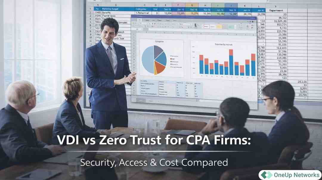 Business professionals analyzing VDI vs Zero Trust security access and cost comparison for CPA firms