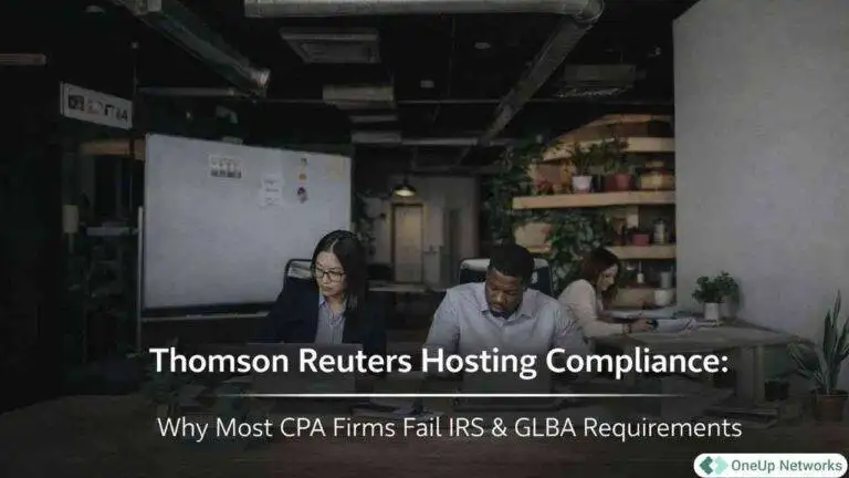 CPA professionals reviewing compliance documents for Thomson Reuters hosting IRS and GLBA requirements