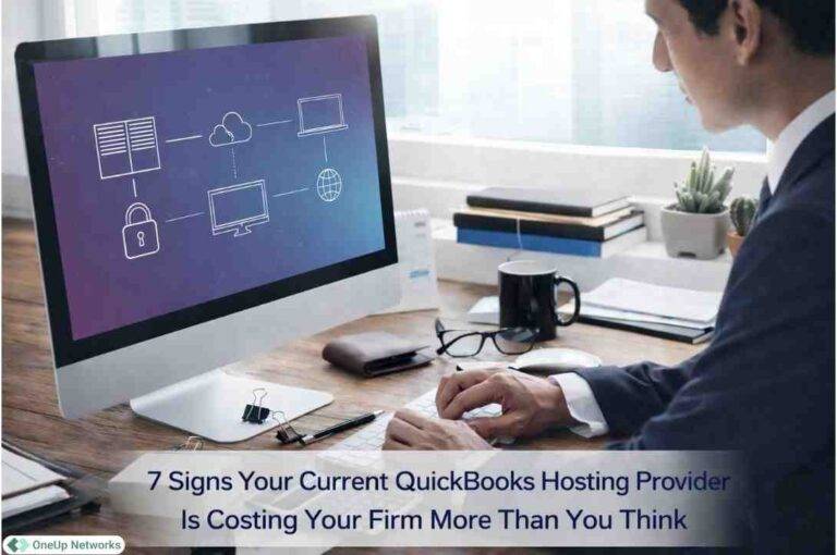 Business professional working on desktop with cloud network diagram in office