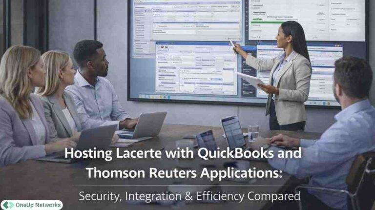 CPA team reviewing Lacerte QuickBooks and Thomson Reuters applications in cloud hosting environment