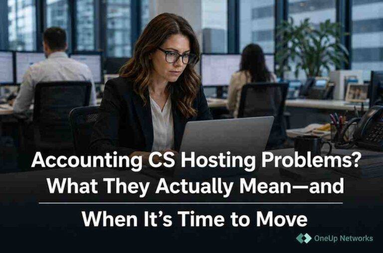 CPA professional working on laptop in office while reviewing Accounting CS hosting performance problems.