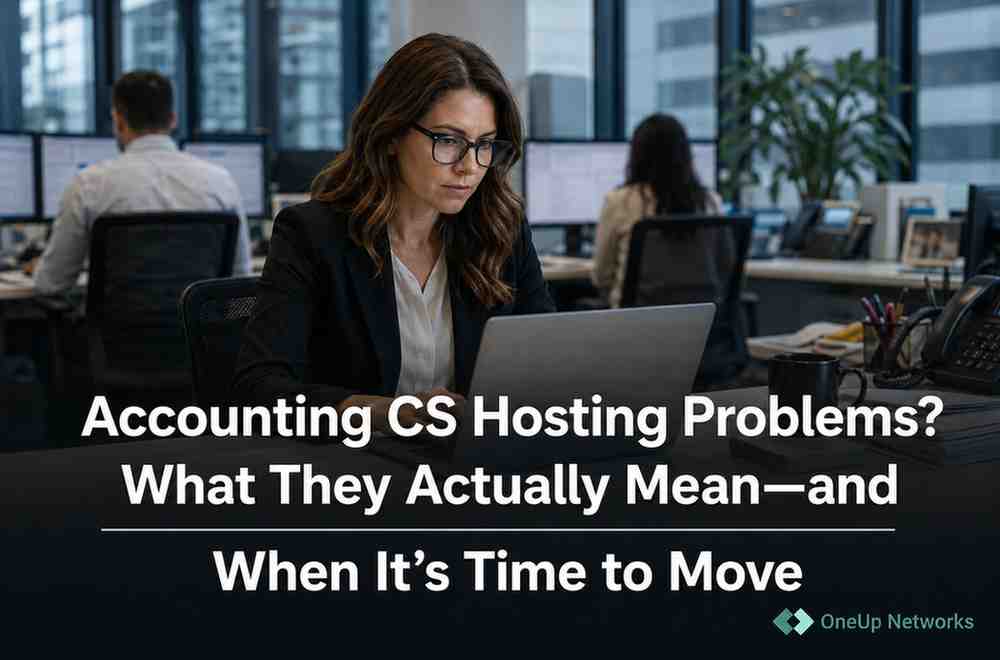 CPA professional working on laptop in office while reviewing Accounting CS hosting performance problems.