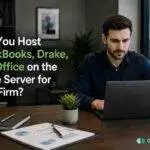 Accounting professional using cloud-hosted QuickBooks, Drake, and Office applications on a shared server setup.