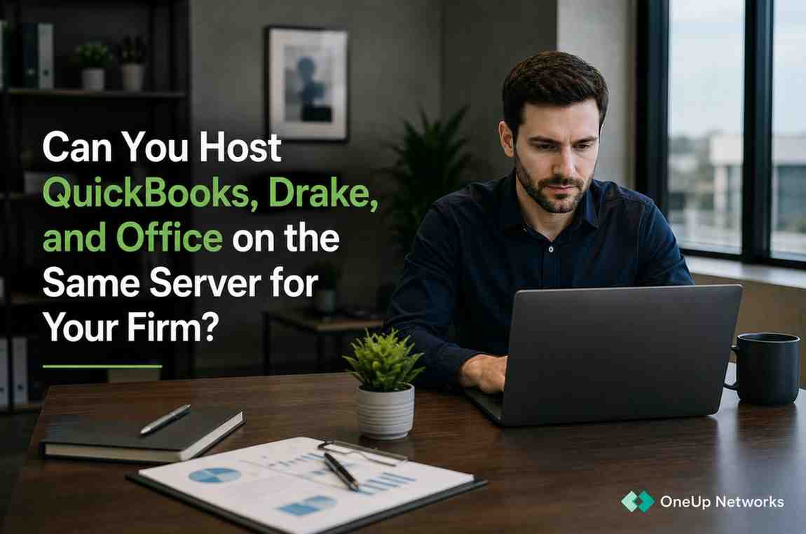 Accounting professional using cloud-hosted QuickBooks, Drake, and Office applications on a shared server setup.