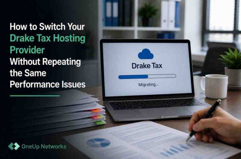Laptop displaying Drake Tax hosting migration process in a professional accounting office.