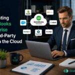 Business professional using a laptop while integrating QuickBooks Enterprise with third-party cloud applications including Shopify, Salesforce, HubSpot, Slack, DocuSign, and Expensify.