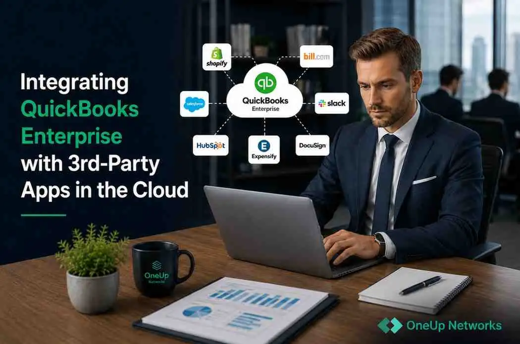 Business professional using a laptop while integrating QuickBooks Enterprise with third-party cloud applications including Shopify, Salesforce, HubSpot, Slack, DocuSign, and Expensify.