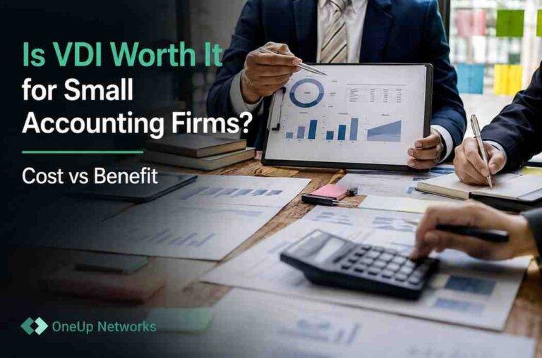 Accounting professionals discussing VDI cost and benefit analysis with financial reports and charts.