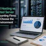 Laptop with hosting analytics positioned in front of dedicated cloud server racks for accounting firms.