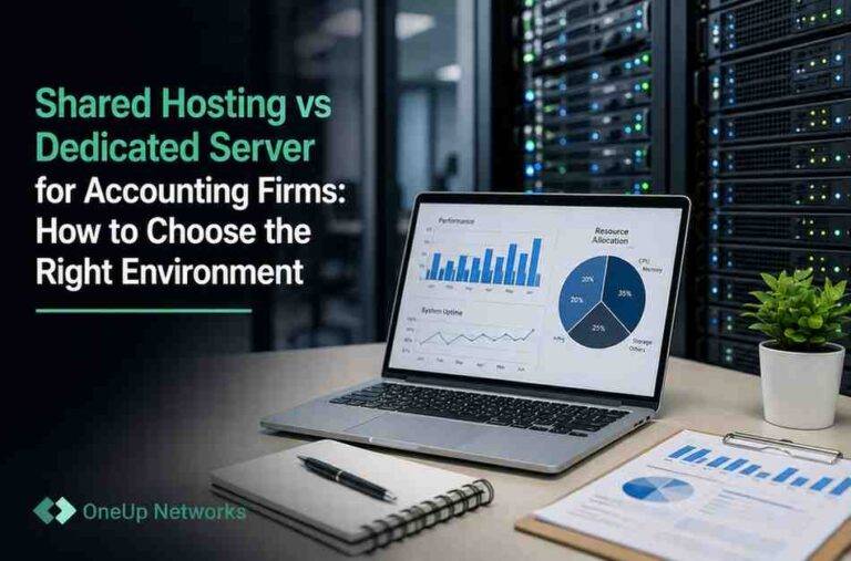 Laptop with hosting analytics positioned in front of dedicated cloud server racks for accounting firms.
