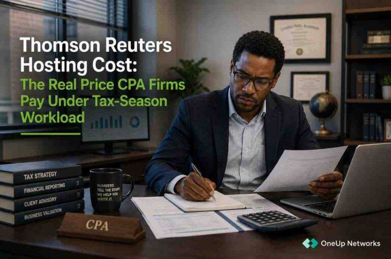 CPA advisor analyzing Thomson Reuters hosting costs and tax-season accounting workload reports.