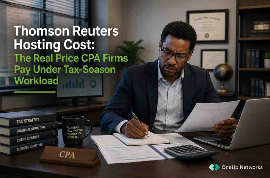 CPA advisor analyzing Thomson Reuters hosting costs and tax-season accounting workload reports.