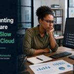 Accounting professional experiencing slow cloud accounting software loading times on desktop monitor.