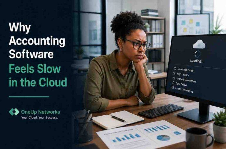 Accounting professional experiencing slow cloud accounting software loading times on desktop monitor.