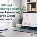 Laptop displaying unstable ERP and accounting system performance dashboards in a shared cloud environment.
