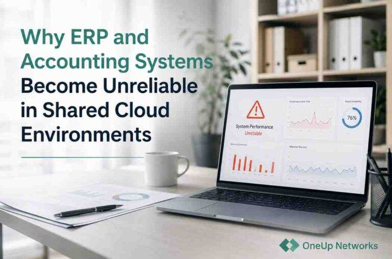 Laptop displaying unstable ERP and accounting system performance dashboards in a shared cloud environment.