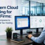 CPA professional comparing modern cloud hosting and traditional tax hosting environments on dual monitors in a professional office setting.