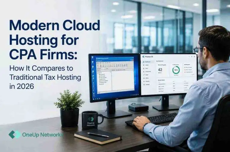 CPA professional comparing modern cloud hosting and traditional tax hosting environments on dual monitors in a professional office setting.