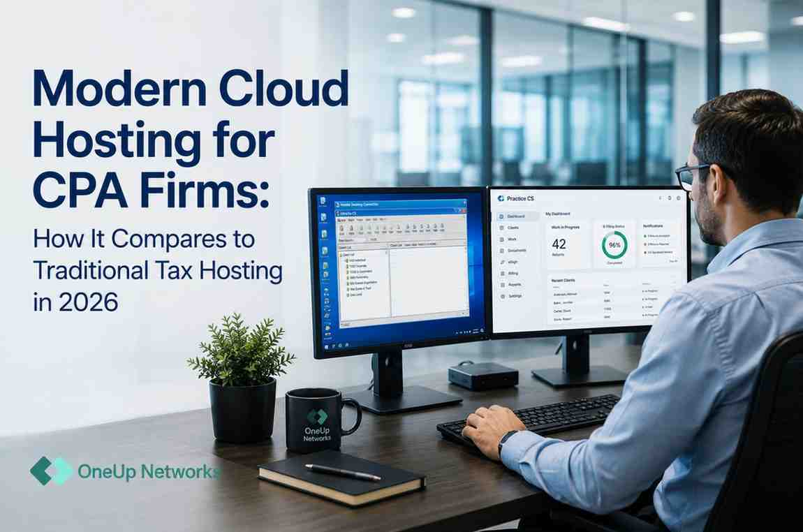 CPA professional comparing modern cloud hosting and traditional tax hosting environments on dual monitors in a professional office setting.