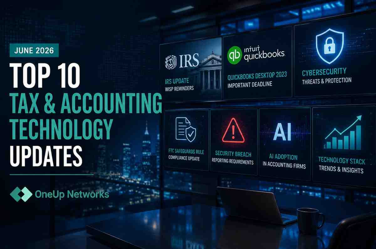Dashboard-style news graphic highlighting IRS updates, QuickBooks Desktop 2023 changes, cybersecurity, AI adoption, FTC compliance, and technology trends affecting CPA firms in June 2026.